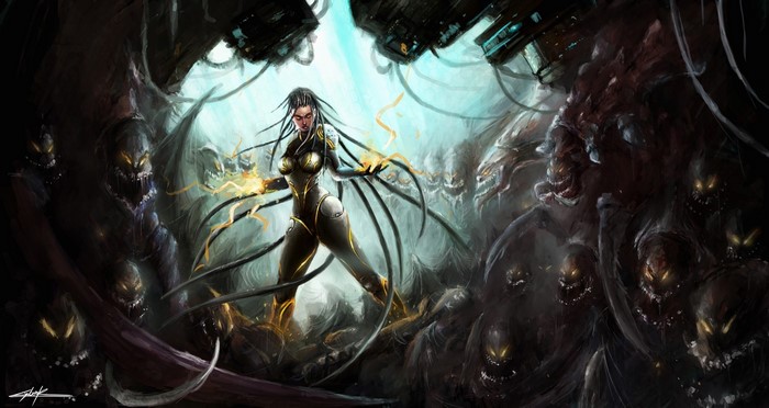 Sarah Kerrigan surrounded by monsters in StarCraft 2