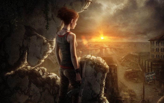 Redhead girl with rifle in post-apocalyptic city at sunset