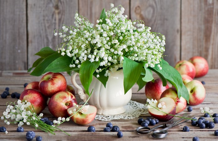 Still-life with Lilies of the Valley, Peaches, and Blueberries