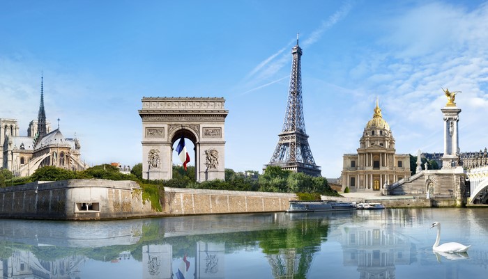 Paris landmarks on the Seine River with Eiffel Tower and Notre Dame
