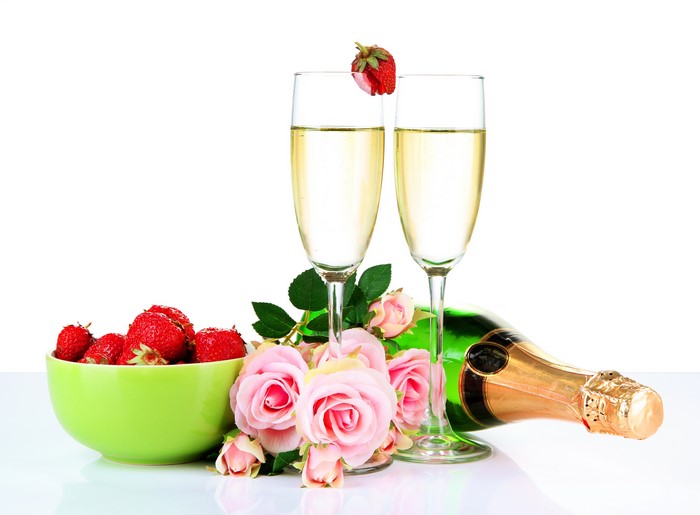 Champagne, Strawberries, Roses, and Stemware Still Life