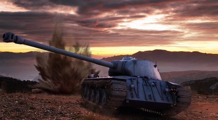 FCM 50t tank in World of Tanks during a sunset explosion