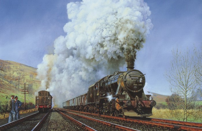 Two steam trains on parallel tracks with onlookers