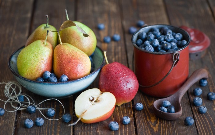 Pears and Blueberries on a Wooden Table