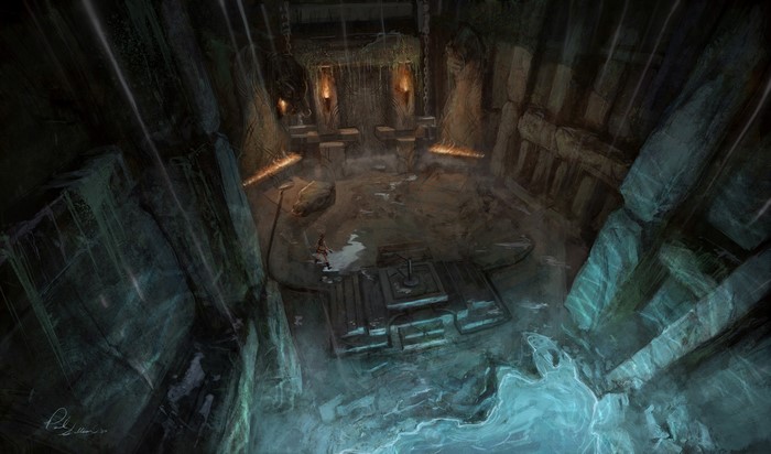 Lara Croft in a dark, watery ruin from Tomb Raider Underworld