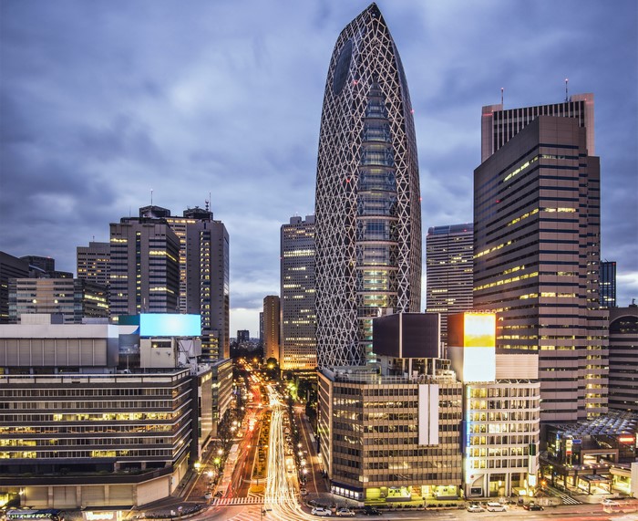 Tokyo skyscrapers and city lights at dusk