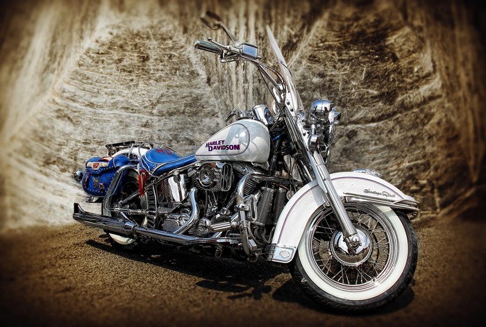 White Harley-Davidson Motorcycle with Blue Seat