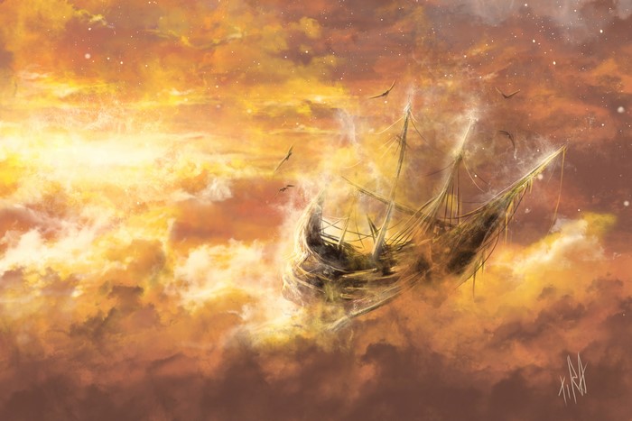 4K Painting of a Ghostly Ship in a Fiery Sky