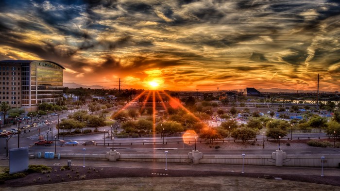 Sunset over Tempe, Arizona with cityscape and roads