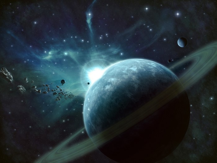 4K Space Scene with Ringed Planet and Asteroids