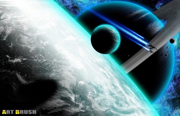 Spaceships flying past planets and rings