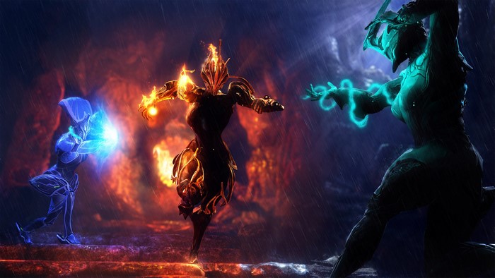 Three armored figures in a battle with elemental powers