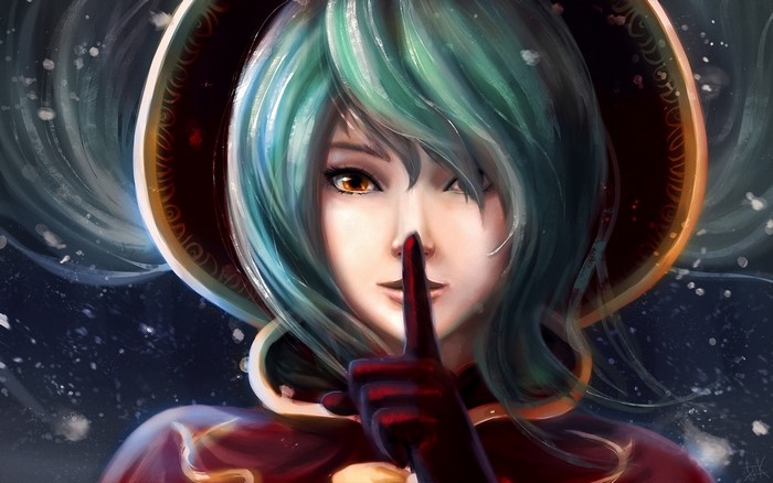 Sona from League of Legends with finger to lips