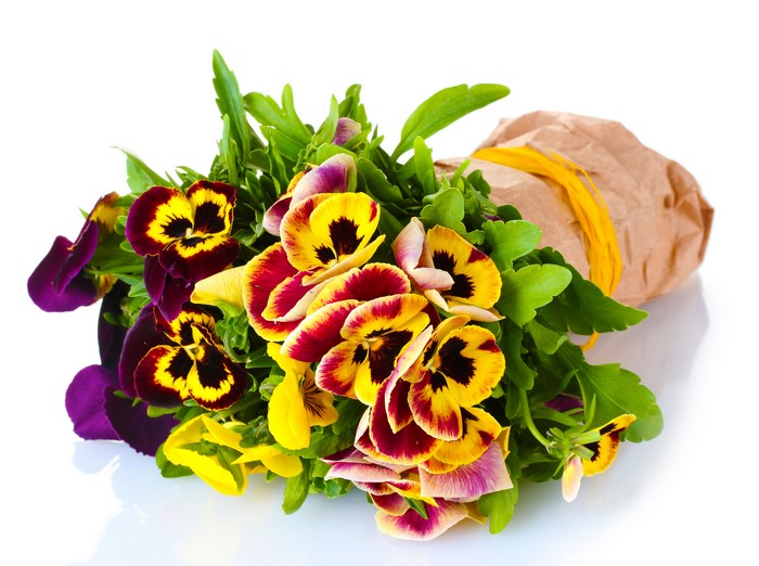 Bouquet of colorful pansies wrapped in brown paper