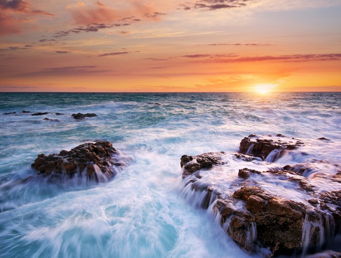4K Sea Coast Sunrise with Rocks