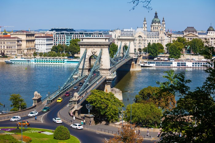 Chain Bridge over Danube River in Budapest, Hungary
