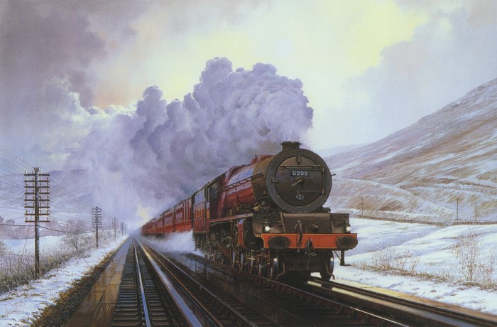Steam Locomotive 6203 Traveling Through a Snowy Landscape