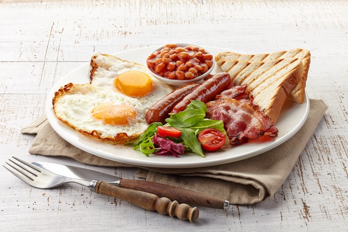 Full English Breakfast with Fried Eggs and Sausages