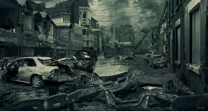 Apocalypse Ruins Cityscape with Destroyed Cars