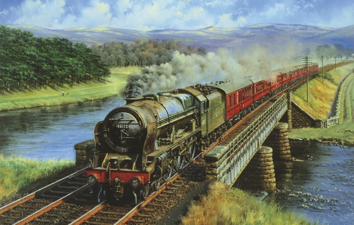 Steam Locomotive 46112 Crossing a Bridge Over a River