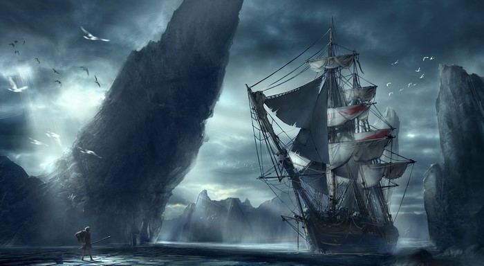 Sailing ship navigating through rocky islands