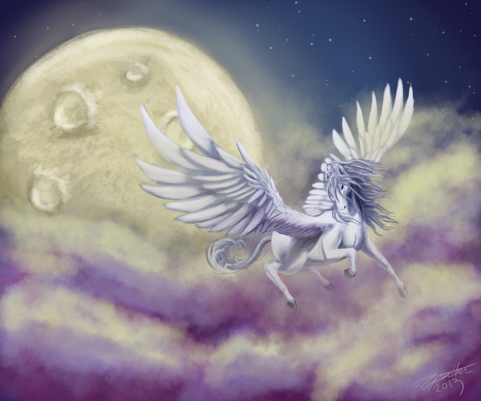Pegasus flying in front of a large moon