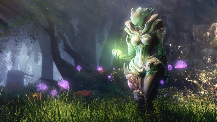 Saryn from WARFRAME in a magical forest