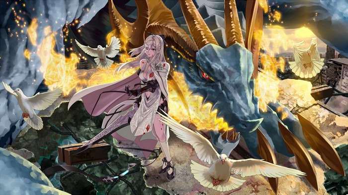 Zero and Mikhail from Drag-on Dragoon 3 with Pigeons and Fire