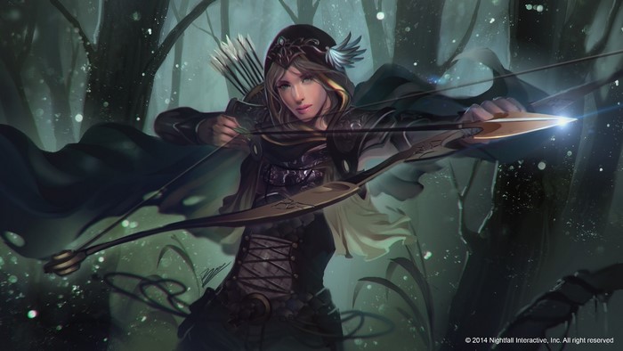 Archer woman aiming a bow in a dark forest