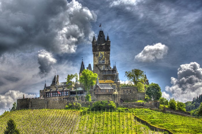 Castle on a hill with vineyards and cloudy sky