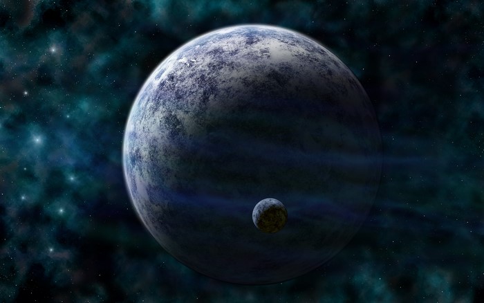 Planet and moon in space with nebula