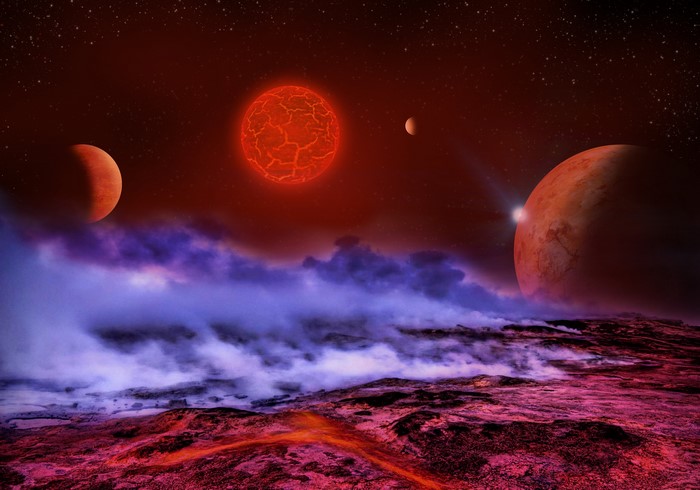 Planets and stars in a red sky