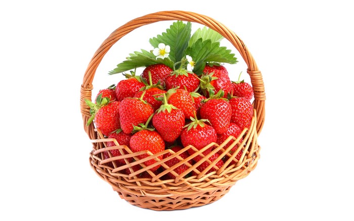 Basket of Strawberries with Leaves and Flowers