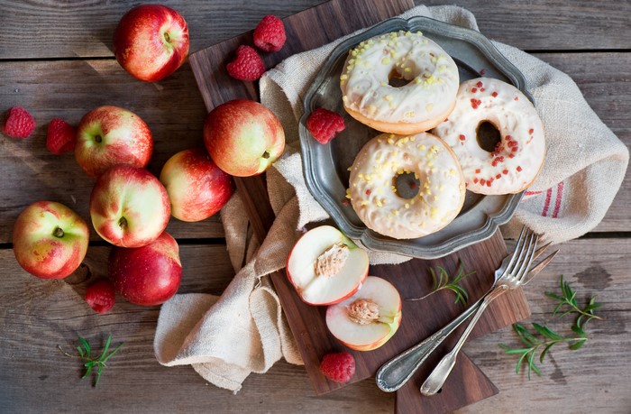 Still-life of Peaches, Raspberries, and Donuts