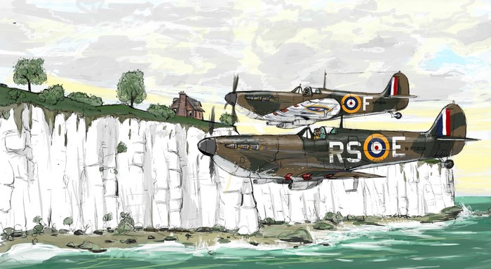 Two British Spitfire airplanes fly over white cliffs