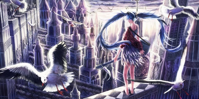 Hatsune Miku in a fantasy city with seagulls