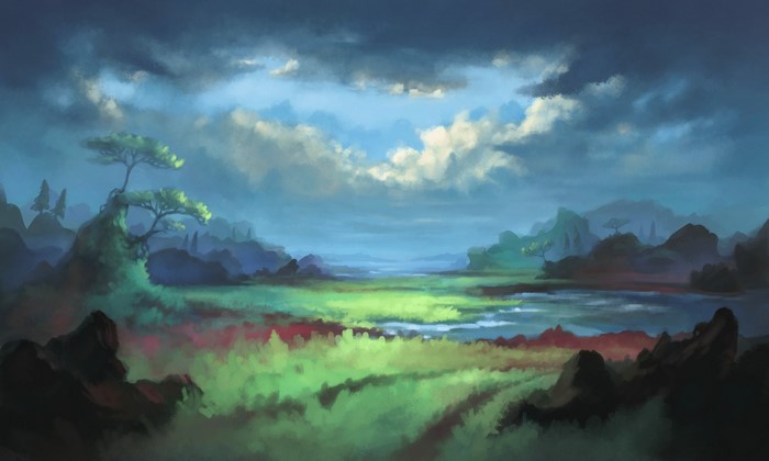 Painting of a cloudy sky over a landscape with trees and mountains
