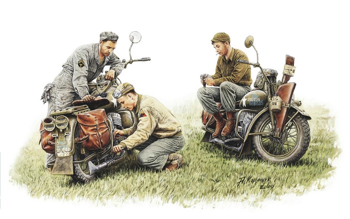 US Soldiers Repairing Harley-Davidson WLA Motorcycle