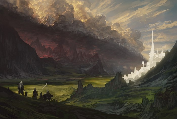 Fantasy landscape with a castle and storm clouds