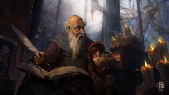 Old man writing in a book with a girl holding a teddy bear