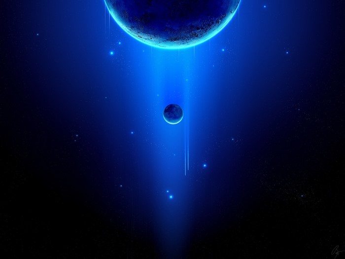 Two planets in a dark, star-filled galaxy with blue light