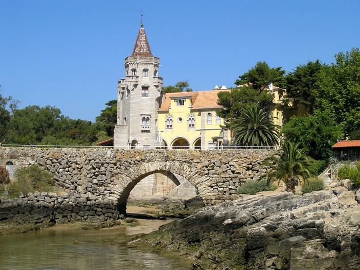 Stone bridge leading to a castle in Cascais, Portugal