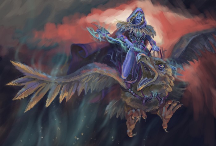 A hooded figure rides a gryphon with a battle axe