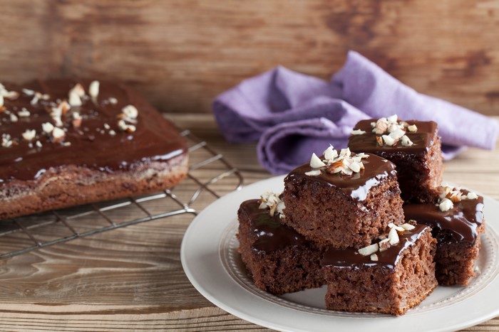 Chocolate cake slices with nuts