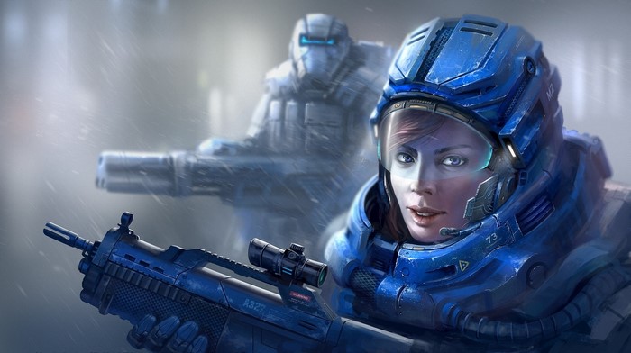 Two soldiers in blue armor with assault rifles