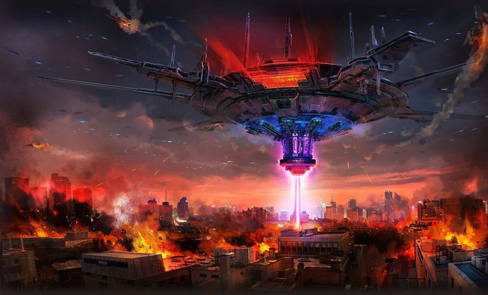 Alien invasion over burning city with spaceship