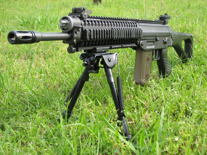 Assault rifle with bipod on grass