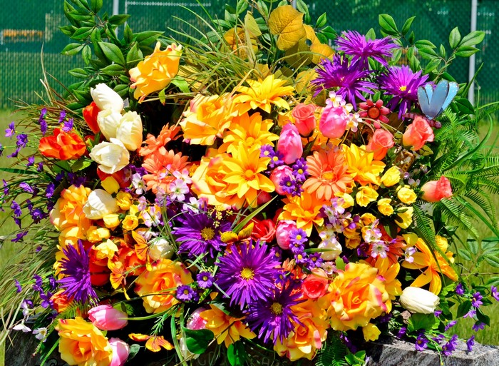 Colorful floral arrangement with roses, tulips, and asters