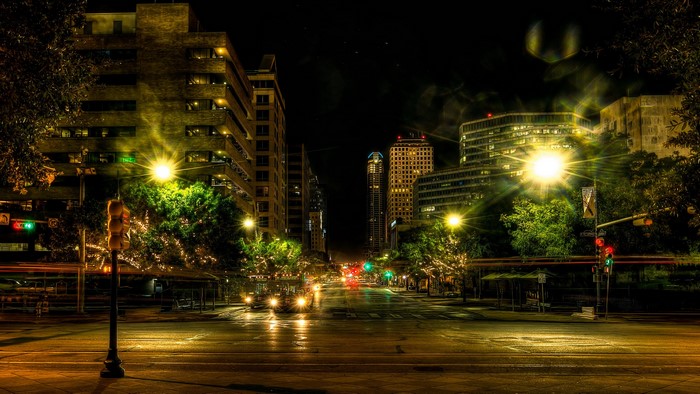 Night street scene in Austin, Texas with street lights