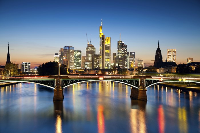Frankfurt Skyline with River and Bridge at Night